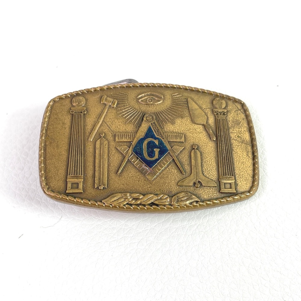 Vintage 1981 Harry Klitzner Co Masonic Belt Buckle Brass Enamel G Freemasonry